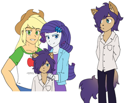Size: 2220x1792 | Tagged: safe, artist:fantasygerard2000, character:applejack, character:rarity, oc, oc:apatite, parent:applejack, parent:capper dapperpaws, parent:rarity, parents:capperity, species:abyssinian, ship:rarijack, g4, my little pony: equestria girls, my little pony:equestria girls, applejack's hat, clothing, cowboy hat, female, hat, headcanon, headcanon in the description, hybrid, interspecies offspring, lesbian, next generation, offspring, shipping, simple background, sperm donation, white background