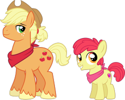 Size: 2496x2000 | Tagged: safe, artist:whalepornoz, character:apple bloom, character:applejack, species:earth pony, species:pony, applebuck, applejack (male), applejack's hat, bandana, brothers, clothing, colt, cowboy hat, cutie mark, duo, female, filly, freckles, hat, looking back, male, rule 63, siblings, simple background, smiling, stallion, the cmc's cutie marks, transparent background, unshorn fetlocks