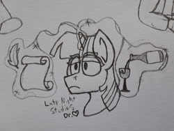 Size: 2576x1932 | Tagged: safe, artist:drheartdoodles, character:twilight sparkle, alcohol, bored, bust, cup, drinking, frown, glowing horn, inappropriate use of magic, levitation, lidded eyes, lineart, magic, monochrome, multitasking, offscreen character, paper, portrait, quill, studying, telekinesis, text, wine, writing