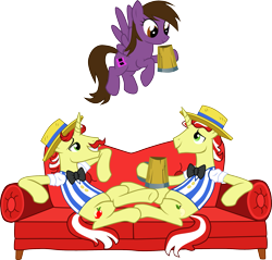 Size: 2147x2049 | Tagged: safe, artist:chipmagnum, character:flam, character:flim, oc, oc:kaitly, species:pegasus, species:pony, cider mug, couch, female, flim flam brothers, flying, hoof hold, mare, mug, simple background, transparent background
