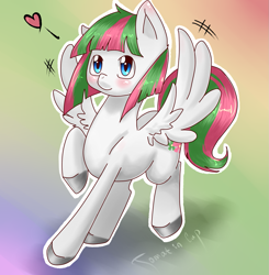 Size: 1177x1200 | Tagged: safe, artist:tomat-in-cup, character:blossomforth, species:pegasus, species:pony, abstract background, adoraforth, blushing, colored hooves, cute, female, gradient background, heart, mare, raised hoof, solo, spread wings, wing flap, wings
