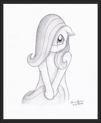 Size: 989x1206 | Tagged: safe, artist:peruserofpieces, character:fluttershy, species:pony, covering, cute, female, floppy ears, fluttershy day, hair over one eye, holding tail, looking at you, looking up, mare, monochrome, pencil drawing, shy, shyabetes, solo, traditional art
