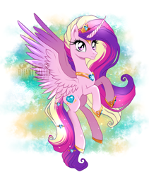 Size: 1094x1296 | Tagged: safe, artist:tiffanymarsou, character:princess cadance, species:alicorn, species:pony, curved horn, female, flying, horn, jewelry, mare, regalia, smiling, solo