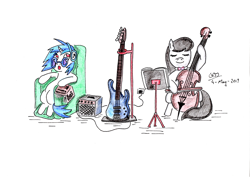 Size: 3500x2477 | Tagged: safe, artist:gafelpoez, character:dj pon-3, character:octavia melody, character:vinyl scratch, species:pony, alejo carpentier, bass guitar, book, contrabass, couch, double bass, musical instrument, reading