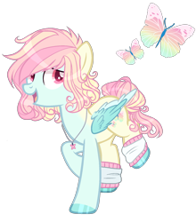 Size: 1450x1650 | Tagged: safe, artist:gihhbloonde, oc, oc only, parent:fluttershy, parent:rainbow dash, parents:flutterdash, species:pegasus, species:pony, adoptable, female, jewelry, leg warmers, magical lesbian spawn, mare, necklace, offspring, open mouth, raised hoof, simple background, solo, transparent background