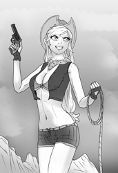 Size: 1310x1920 | Tagged: safe, artist:symptom99, character:applejack, my little pony:equestria girls, abs, bandana, belly button, breasts, cleavage, clothing, cowboy hat, daisy dukes, female, fingerless gloves, freckles, gloves, grin, gun, handgun, hat, lasso, midriff, revolver, rope, shorts, smiling, solo, underboob, vest, weapon