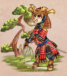 Size: 1280x1444 | Tagged: safe, artist:segraece, oc, oc only, species:pony, bonsai, commission, katana, looking at you, male, samurai, smiling, solo, stallion, sword, tree, weapon