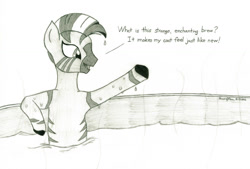 Size: 1024x692 | Tagged: safe, artist:peruserofpieces, character:zecora, species:pony, species:zebra, newbie artist training grounds, dripping, female, hot tub, mare, missing accessory, pencil drawing, rhyme, simple background, spa, steam, talking, text, traditional art, water, wet