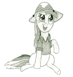 Size: 900x953 | Tagged: safe, artist:peruserofpieces, character:daring do, character:rainbow dash, species:pegasus, species:pony, newbie artist training grounds, clothing, cosplay, costume, cute, dashabetes, female, folded wings, hat, mare, pencil drawing, raised hoof, safari hat, shirt, simple background, smiling, solo, traditional art, wings