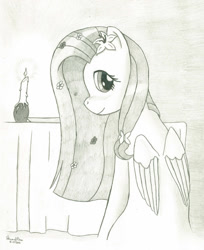 Size: 1024x1256 | Tagged: safe, artist:peruserofpieces, character:fluttershy, species:pegasus, species:pony, newbie artist training grounds, ambigious shipping, bronybait, candle, candlelight, clothing, date, description is relevant, dinner, dinner date, dress, female, first date, first person view, flower, flower in hair, folded wings, hairclip, implied lesbian, implied shipping, implied straight, mare, offscreen character, pencil drawing, pov, profile, shy, simple background, smiling, solo, table, table cloth, traditional art, turned away, wings