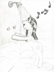 Size: 900x1198 | Tagged: safe, artist:peruserofpieces, character:twilight sparkle, character:twilight sparkle (unicorn), species:pony, species:unicorn, newbie artist training grounds, bipedal, bipedal leaning, dripping, eyes closed, female, happy, horn, leaning, mare, music notes, pencil drawing, shower, showering, singing, singing in the shower, smiling, solo, steam, traditional art, water, wet, wet mane