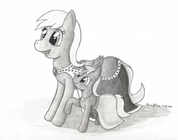 Size: 1024x806 | Tagged: safe, artist:peruserofpieces, character:derpy hooves, character:dinky hooves, species:earth pony, species:pegasus, species:pony, species:unicorn, newbie artist training grounds, clothing, daughter, description is relevant, dress, female, filly, gem, happy, horn, jewelry, mare, mother, mother and daughter, necklace, pencil drawing, proud, raised hoof, raised leg, simple background, smiling, traditional art