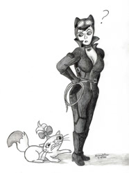 Size: 900x1208 | Tagged: safe, artist:peruserofpieces, character:opalescence, species:human, angry, arkham city, batman, boob window, cat, catsuit, catwoman, clawing, claws, confused, crossover, female, goggles, pencil drawing, question mark, ribbon, selina kyle, simple background, traditional art, whip, whiskers, woman