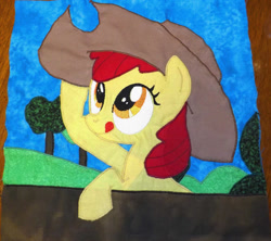 Size: 900x799 | Tagged: safe, artist:peruserofpieces, character:apple bloom, species:earth pony, species:pony, applejack's hat, clothing, cowboy hat, female, filly, happy, hat, hill, irl, photo, quilt, quilt square, quilting, smiling, solo, tongue out, tree