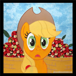 Size: 1024x1024 | Tagged: safe, artist:peruserofpieces, character:applejack, species:earth pony, species:pony, episode:applebuck season, g4, my little pony: friendship is magic, apple, basket, female, food, irl, mare, photo, quilt, quilt square, quilting, scene interpretation, shocked, solo