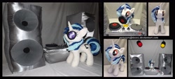 Size: 4275x1950 | Tagged: safe, artist:peruserofpieces, character:dj pon-3, character:vinyl scratch, species:pony, species:unicorn, accessories, front view, horn, irl, lights, mouth hold, photo, plushie, profile, record, record player, speakers, spotlight, stage light, stereo, sunglasses, turntable