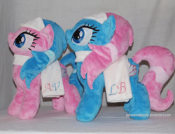 Size: 1024x783 | Tagged: safe, artist:peruserofpieces, character:aloe, character:lotus blossom, species:earth pony, species:pony, duo, female, irl, mare, photo, plushie, siblings, sisters, spa pony, spa twins, towel, twins