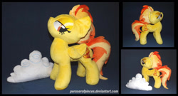 Size: 1600x863 | Tagged: safe, artist:peruserofpieces, character:spitfire, species:pegasus, species:pony, accessory, bedroom eyes, cloud, confident, female, folded wings, irl, lidded eyes, mare, missing accessory, photo, plushie, raised head, seductive, smiling, solo, wings