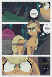 Size: 1248x1824 | Tagged: safe, artist:doggomeatball, character:applejack, species:earth pony, species:pony, comic:an order more, apple, cart, clothing, comic, cowboy hat, dialogue, eyes closed, female, food, forest, glowing eyes, grammar error, hat, mare, solo, stetson, text bubbles, tree, wide eyes