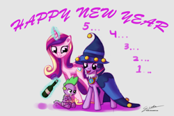 Size: 1500x1000 | Tagged: safe, artist:esuka, character:princess cadance, character:spike, character:twilight sparkle, species:alicorn, species:pony, species:unicorn, 2013, baby new year, crossed arms, cute, diaper, female, frown, glare, grin, happy new year, levitation, magic, mare, open mouth, simple background, sitting, smiling, star swirl the bearded costume, telekinesis, text, unamused, white background