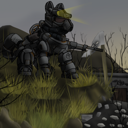 Size: 2000x2000 | Tagged: safe, artist:devorierdeos, oc, oc only, species:earth pony, species:pony, fallout equestria, armor, dead tree, fanfic, fanfic art, gun, high res, hooves, male, power armor, solo, stallion, steel ranger, tree, wasteland, weapon