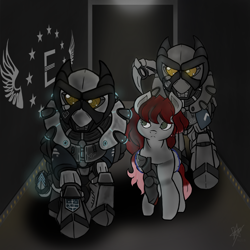 Size: 2000x2000 | Tagged: safe, artist:devorierdeos, oc, oc only, species:pegasus, species:pony, fallout equestria, armor, cyber legs, cyborg, enclave armor, fanfic, fanfic art, female, grand pegasus enclave, high res, hooves, mare, power armor, spread wings, weapon, wings