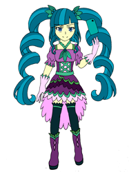 Size: 1498x1998 | Tagged: safe, artist:fantasygerard2000, character:juniper montage, my little pony:equestria girls, alternate hairstyle, boots, clothing, curly hair, dress, gloves, magical girl, magical girl outfit, missing accessory, phone, pigtails, precure, pretty cure, shoes