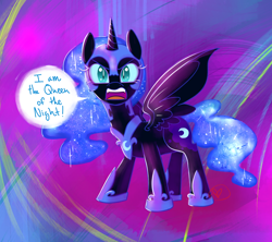 Size: 1000x888 | Tagged: safe, artist:ryuredwings, character:nightmare moon, character:princess luna, species:alicorn, species:pony, abstract background, cute, ethereal mane, fangs, female, filly, looking at you, moonabetes, nightmare woon, open mouth, slit eyes, solo, spread wings, standing, talking, talking to viewer, weapons-grade cute, wings, younger