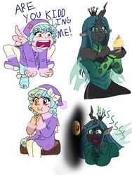 Size: 774x1032 | Tagged: safe, artist:fallenangel5414, character:cozy glow, character:queen chrysalis, species:anthro, species:human, episode:frenemies, g4, my little pony: friendship is magic, cozybetes, cross-popping veins, cupcake, cute, cutealis, eared humanization, female, food, horn, horned humanization, humanized, scene interpretation, sitting, tree stump, winged humanization, wings