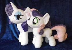 Size: 1280x889 | Tagged: safe, artist:peruserofpieces, character:rarity, character:sweetie belle, species:pony, species:unicorn, comparison, duo, female, filly, happy, horn, irl, lidded eyes, mare, photo, plushie, profile, siblings, side by side, sisters, smiling, toy