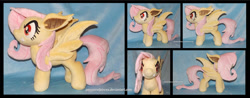 Size: 1600x624 | Tagged: safe, artist:peruserofpieces, character:flutterbat, character:fluttershy, species:bat pony, species:pony, bat ponified, bat wings, ear fluff, fangs, female, front view, irl, long tail, mare, messy mane, messy tail, photo, plushie, profile, race swap, red eyes, slit eyes, toy, vampire bat pony, wings