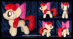 Size: 1600x855 | Tagged: safe, artist:peruserofpieces, character:apple bloom, species:earth pony, species:pony, accessory, bow, female, filly, front view, happy, irl, photo, plushie, profile, rear view, smiling, solo, toy