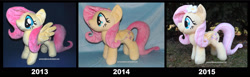Size: 1600x493 | Tagged: safe, artist:peruserofpieces, character:fluttershy, species:pegasus, species:pony, accessory, comparison, female, flower, flower in hair, folded wings, happy, irl, long tail, mare, photo, plush this again, plushie, profile, smiling, solo, then and now, wings