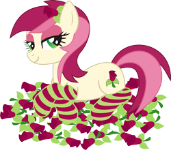 Size: 2051x1802 | Tagged: safe, artist:leopurofriki, character:roseluck, species:earth pony, species:pony, bedroom eyes, clothing, female, flower, mare, prone, rose, simple background, socks, solo, striped socks, transparent background