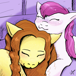 Size: 1000x1000 | Tagged: safe, artist:hippykat13, artist:silence, edit, oc, oc:heartbeat, oc:michpone, species:pony, cat pose, collaboration, color edit, colored, couple, not adagio dazzle, oc x oc, shipping, sleeping, snuggling