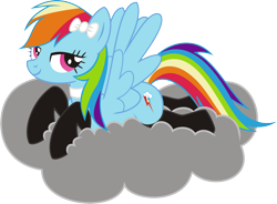 Size: 4788x3521 | Tagged: safe, artist:leopurofriki, character:rainbow dash, species:pegasus, species:pony, bow, clothing, cloud, female, hair bow, mare, prone, simple background, solo, stockings, transparent background