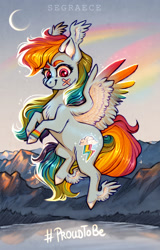 Size: 1280x1994 | Tagged: safe, artist:segraece, character:rainbow dash, species:pegasus, species:pony, beautiful, bedroom eyes, bracelet, color porn, comparison, crescent moon, draw this again, female, gay pride, gay pride flag, jewelry, lake, lesbian, looking down, male, mare, moon, mountain, pink eyes, pride, pride flag, pride month, redraw, sky, smiling, smirk, solo, wings