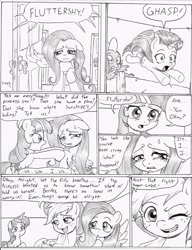 Size: 958x1249 | Tagged: safe, artist:joelashimself, character:applejack, character:fluttershy, character:spike, character:twilight sparkle, bed, comic, door, monochrome, one eye closed, sweat, teary eyes, the forgotten element, wink