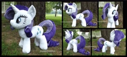 Size: 3870x1754 | Tagged: safe, artist:peruserofpieces, character:rarity, species:pony, species:unicorn, female, from behind, front view, horn, irl, mare, photo, plushie, profile, smiling, solo, toy