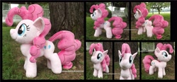 Size: 3795x1754 | Tagged: safe, artist:peruserofpieces, character:pinkie pie, species:earth pony, species:pony, female, front view, happy, irl, mare, photo, plushie, profile, smiling, solo, toy