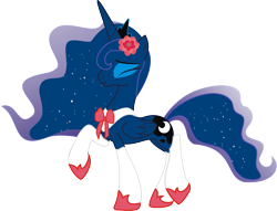 Size: 1905x1452 | Tagged: safe, artist:leopurofriki, character:princess luna, species:alicorn, species:pony, bow tie, clothing, eyes closed, female, flower, flower in hair, mare, raised hoof, simple background, socks, solo, stockings, transparent background