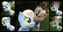 Size: 1243x643 | Tagged: safe, artist:peruserofpieces, character:derpy hooves, character:doctor whooves, character:time turner, duo, hand puppet, happy, implied doctorderpy, implied shipping, implied straight, irl, photo, profile, puppet, smiling