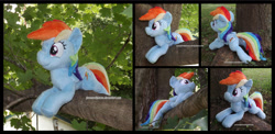 Size: 1278x625 | Tagged: safe, artist:peruserofpieces, character:rainbow dash, species:pegasus, species:pony, beanie (plushie), female, folded wings, from behind, happy, irl, lying down, mare, photo, plushie, profile, smiling, solo, toy, tree, tree branch, wings