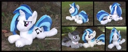Size: 4237x1754 | Tagged: safe, artist:peruserofpieces, character:dj pon-3, character:octavia melody, character:vinyl scratch, species:earth pony, species:pony, species:unicorn, beanie (plushie), determined, female, from behind, front view, horn, implied lesbian, implied scratchtavia, implied shipping, irl, looking at each other, lying down, mare, photo, plushie, profile, prone, smiling, smirk, sploot, toy
