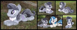 Size: 1425x561 | Tagged: safe, artist:peruserofpieces, character:dj pon-3, character:octavia melody, character:vinyl scratch, species:earth pony, species:pony, species:unicorn, beanie (plushie), duo, female, from behind, front view, happy, horn, implied lesbian, implied scratchtavia, implied shipping, lying down, mare, plushie, profile, prone, smiling, smug, sploot, toy