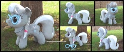Size: 4140x1754 | Tagged: safe, artist:peruserofpieces, character:silver spoon, species:earth pony, species:pony, accessories, braid, female, filly, from behind, front view, glasses, hairclip, irl, jewelry, necklace, pearl necklace, photo, plushie, ponytail, profile, solo, toy