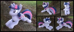 Size: 3975x1754 | Tagged: safe, artist:peruserofpieces, character:twilight sparkle, character:twilight sparkle (alicorn), species:alicorn, species:pony, beanie (plushie), commission, female, folded wings, front view, happy, horn, irl, lying down, mare, photo, plushie, profile, prone, rear view, smiling, solo, sploot, toy, wings