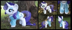 Size: 4230x1754 | Tagged: safe, artist:peruserofpieces, character:rarity, species:pony, species:unicorn, accessory, clothing, hoodie, horn, irl, jacket, lidded eyes, photo, plushie, profile, solo, toy