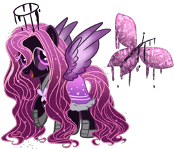 Size: 1400x1200 | Tagged: safe, artist:cherryblossoms-bases, artist:gihhbloonde, oc, oc only, oc:crystal darkness, species:demon pony, species:pegasus, species:pony, angel, angel pony, armor, cloak, clothing, colored sclera, demon, eye scar, female, halo, hoof shoes, hybrid, mare, open mouth, original species, raised hoof, robe, scar, simple background, solo, transparent background