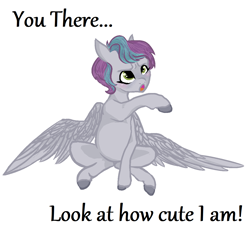 Size: 1202x1108 | Tagged: safe, artist:hippykat13, oc, oc only, oc:kitty sweet, species:pegasus, species:pony, cute, horses doing horse things, meme, pointing, ponified animal photo, sitting, solo, text, wings